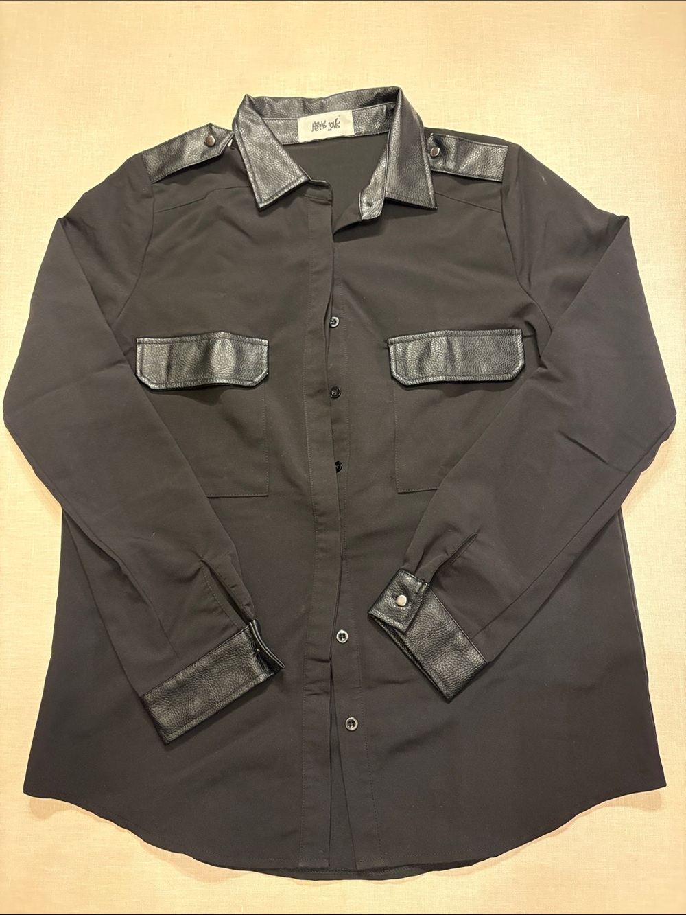 Women’s Black Button-Up Shirt with Faux Leather Trim